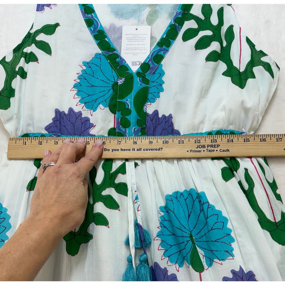 La Plage Maxi Dress Size M White Blue Purple Floral Print Tassel Tie Waist Boho - Picture 11 of 16